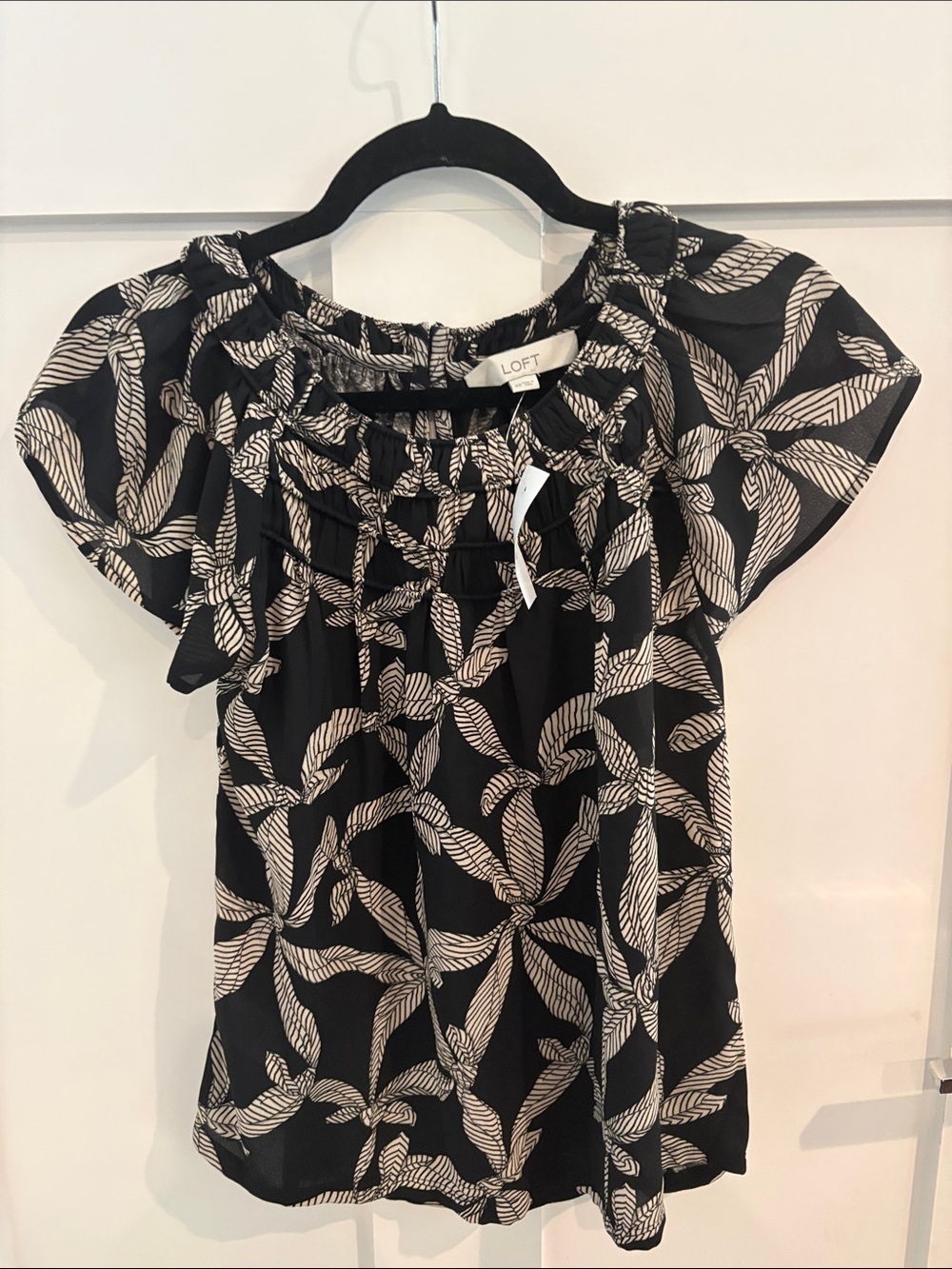 LOFT Black Blouse with Cream Leaf Print